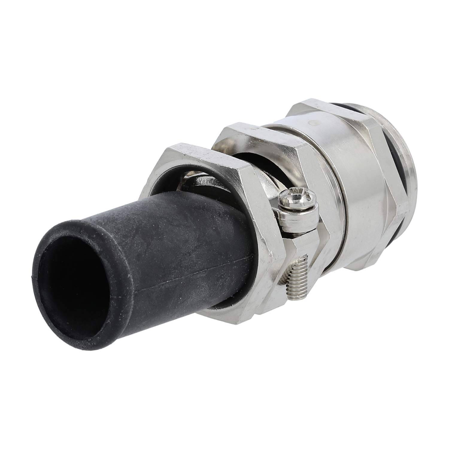 Eine Metallkabelmuffe mit einem schwarzen Kabel, verwendet zum Sichern und Schützen von elektrischen Leitungen, vor einem schlichten Hintergrund dargestellt.