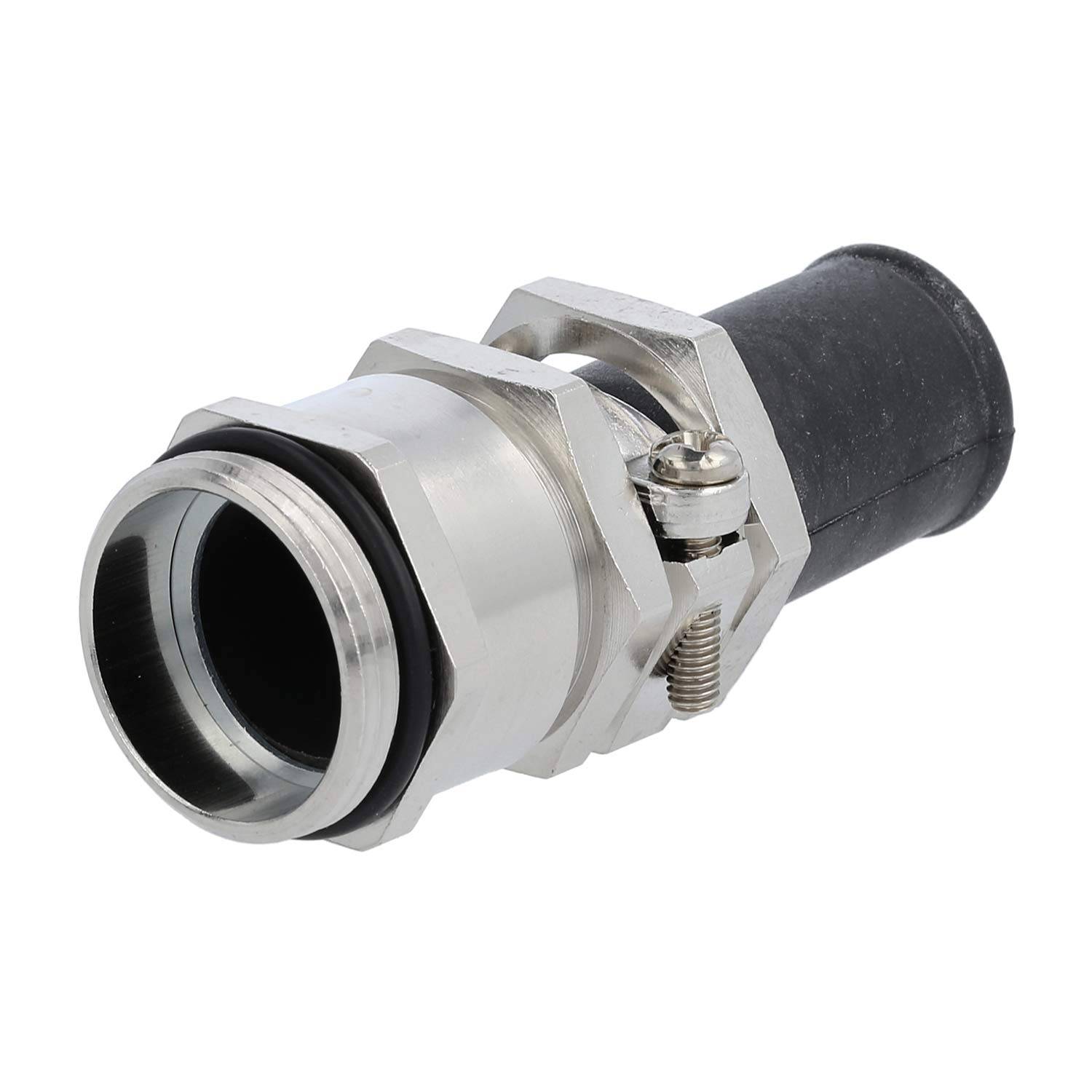 Metallische Rohrverbindung mit sechskantiger Sperrmutter und Gummidichtung, verwendet zum Sichern und Verbinden von zwei Rohrabschnitten in der Sanitärtechnik.
