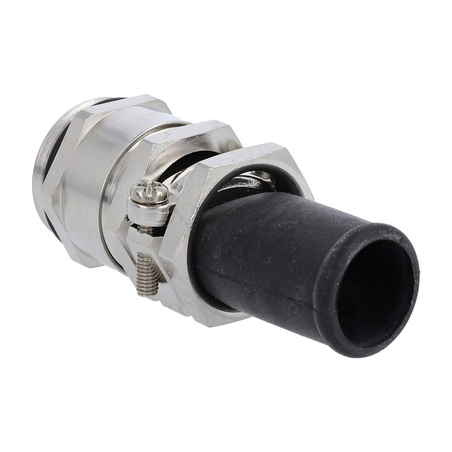 Eine Metallkabelmuffe mit einer schwarzen Gummidichtung, die zur Herstellung sicherer Kabelverbindungen verwendet wird, in einer Nahaufnahme dargestellt.