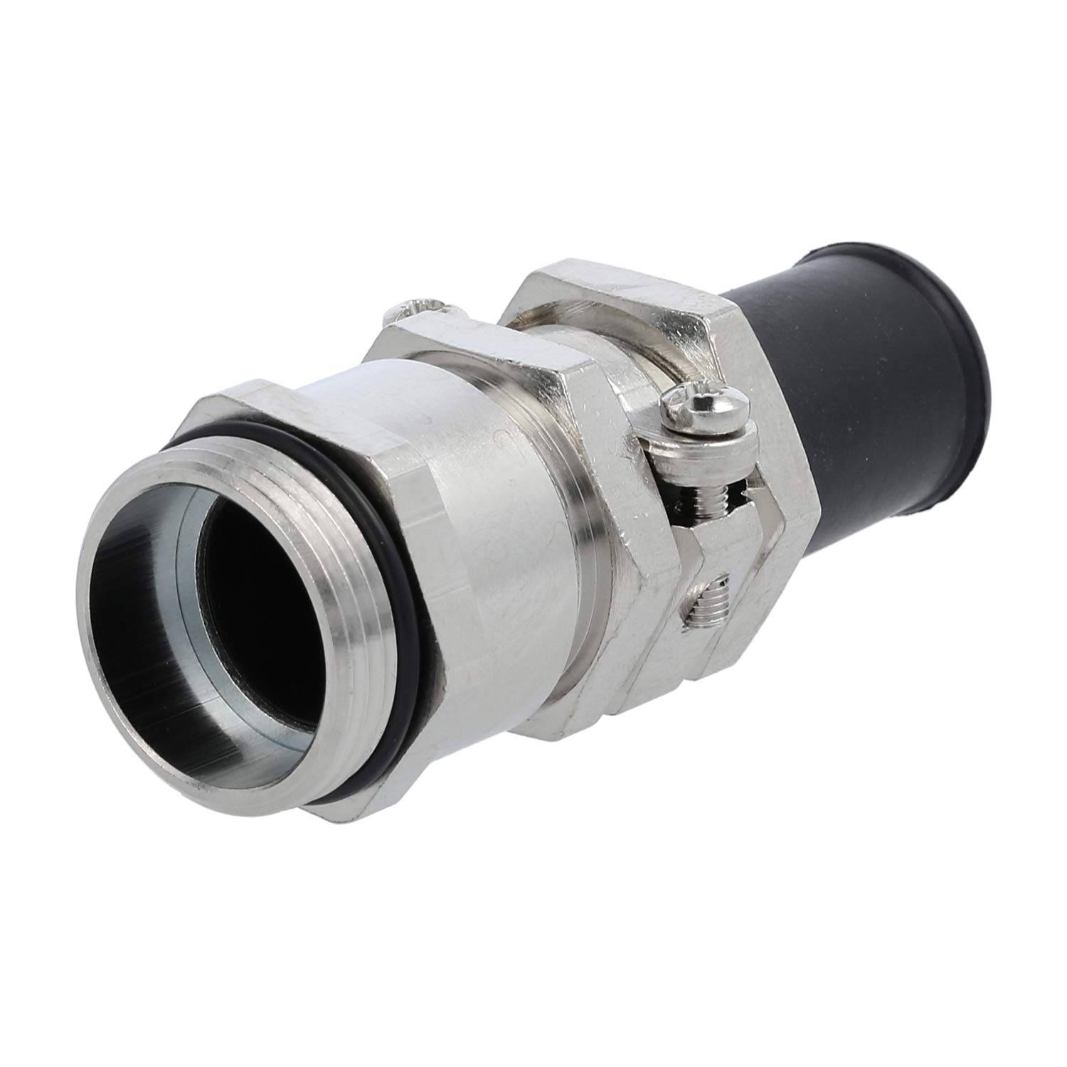 Ein Kabeleinführung aus Metall mit gewindedem Körper, die eine schwarze Gummidichtung hält, wird für den Schutz des Kabeleingangs und für die Erdung verwendet.