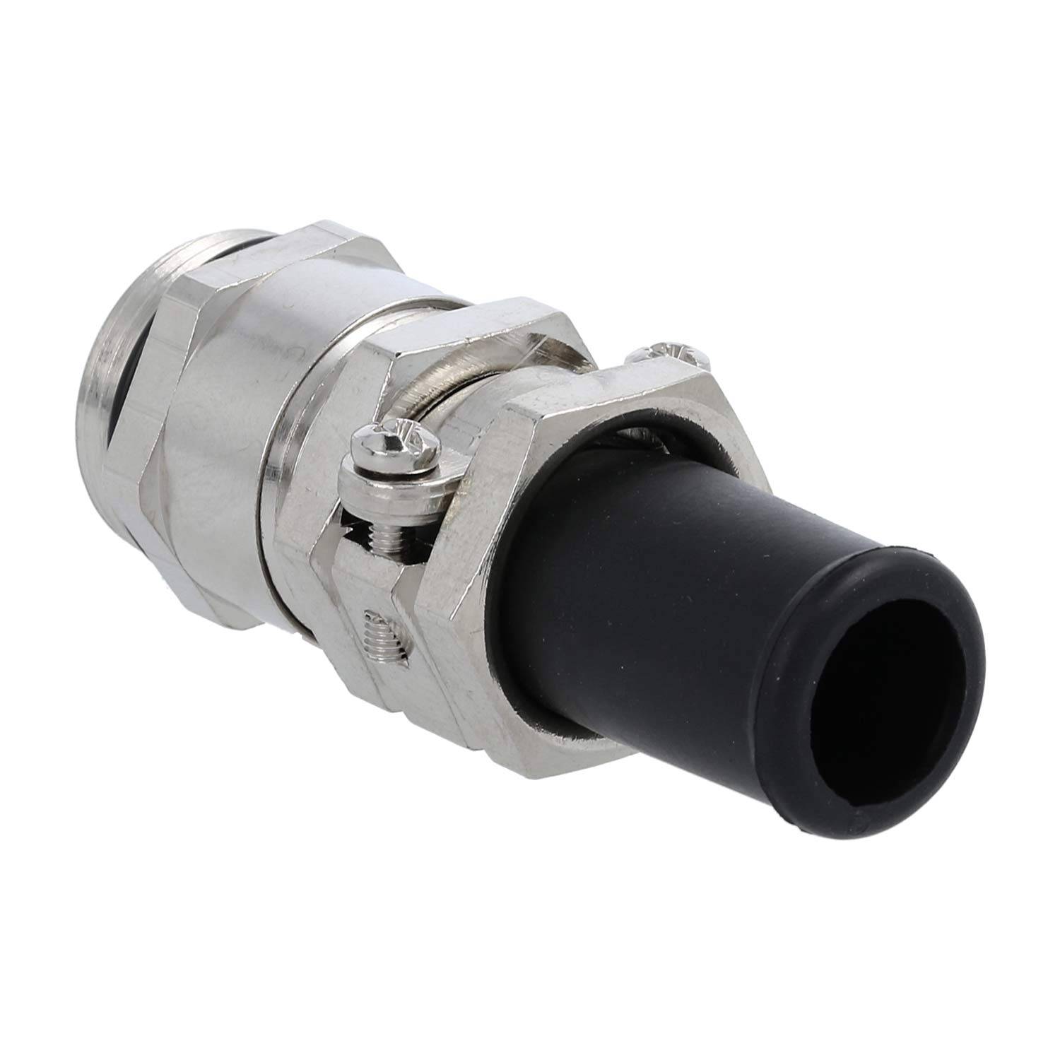 Eine Nahaufnahme einer Metallkabelgarnitur, die ihre zylindrische Form und Gummidichtung zeigt, verwendet zum Sichern und Schützen von Kabeln.