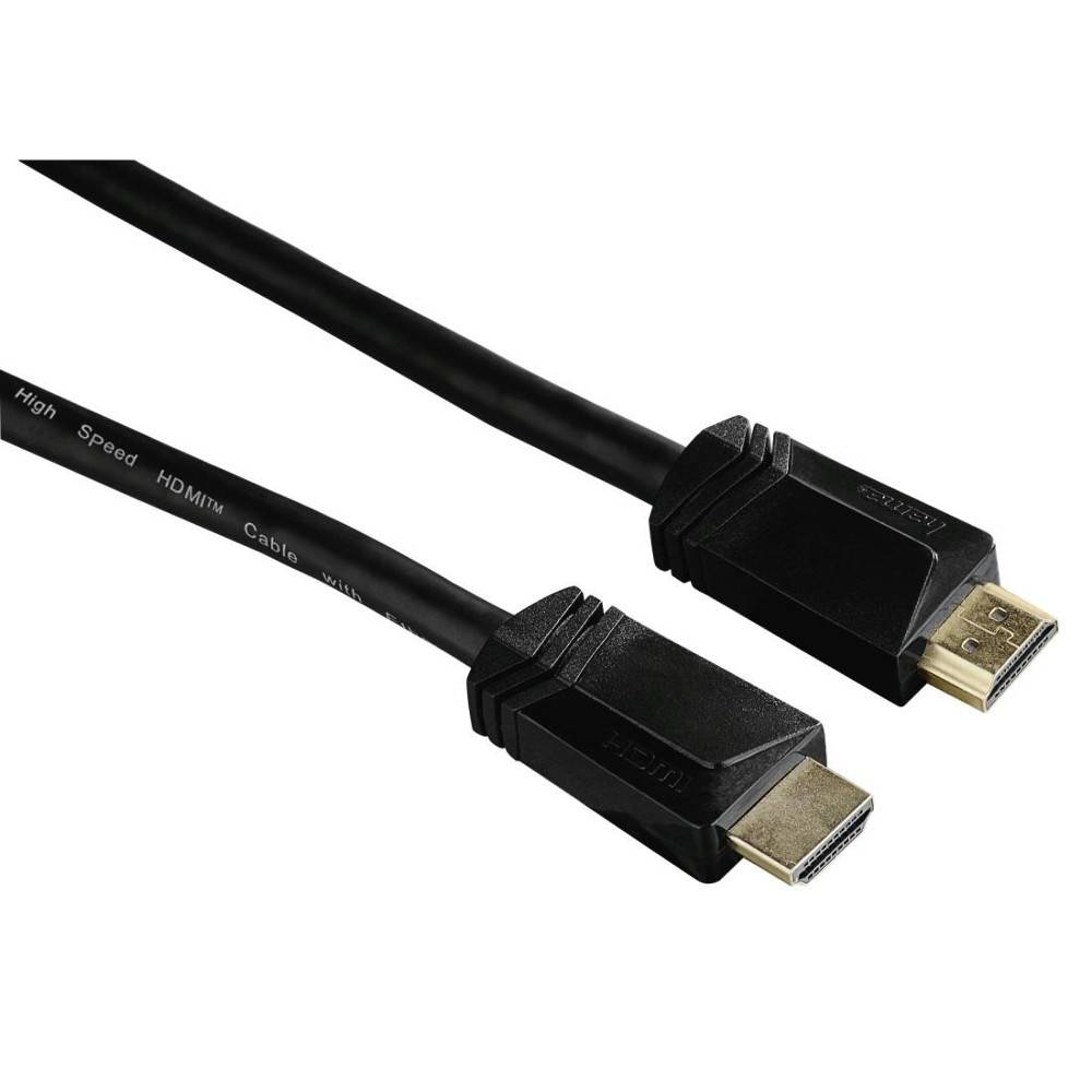 Schwarzes HDMI-Kabel mit zwei vergoldeten Anschlüssen, auf weißem Hintergrund dargestellt.