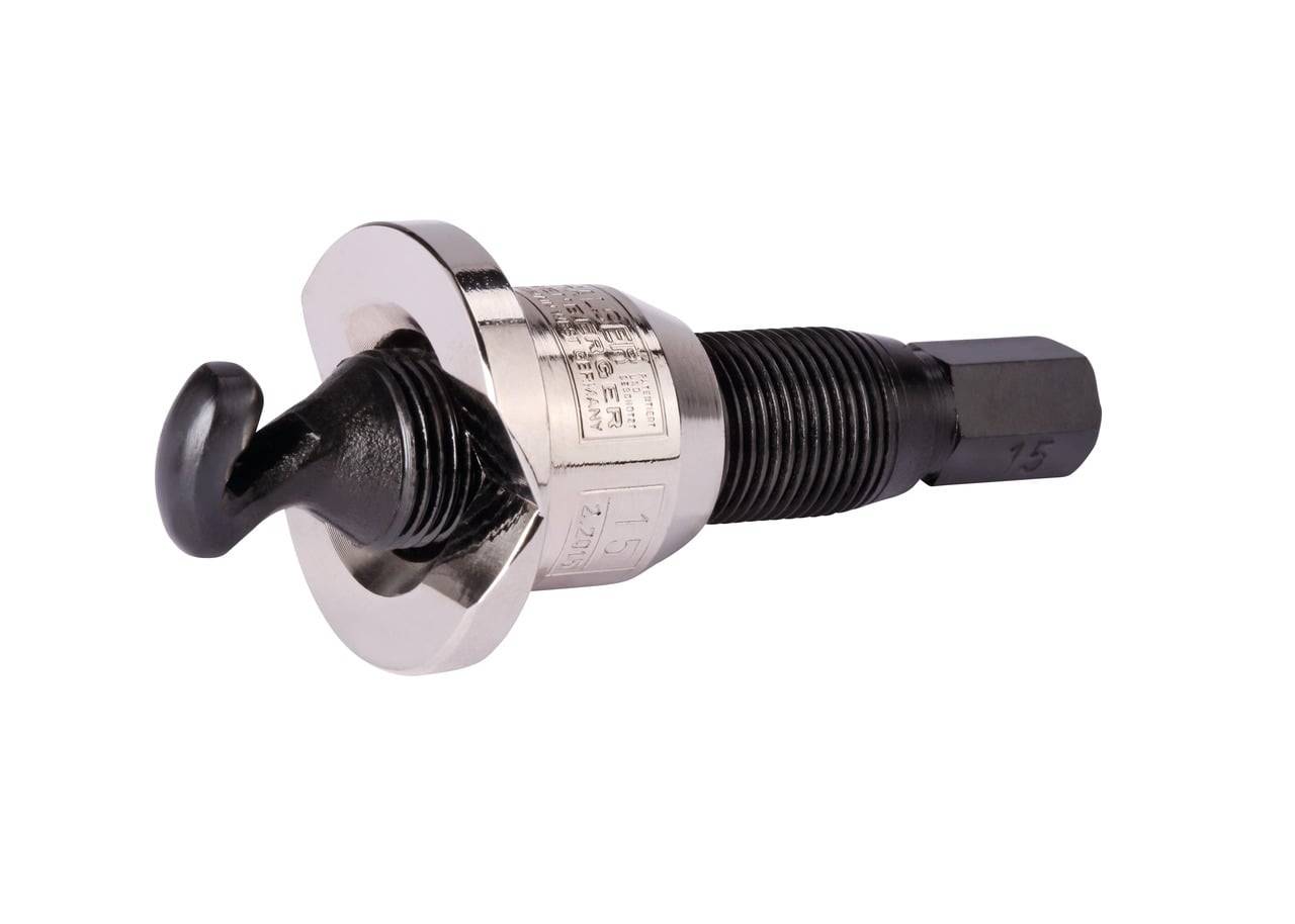 Eine silber- und schwarze Schraub-Vorrichtung mit Gewinde und einem Haken, die für mechanische oder industrielle Zwecke verwendet wird.