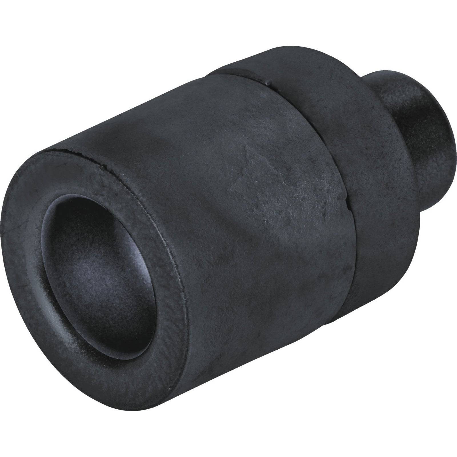 Ein schwarzer Gummipuffer, zylindrisch in Form, der in der Automobilindustrie verwendet wird, um Metallkomponenten vor Kontakt zu schützen.