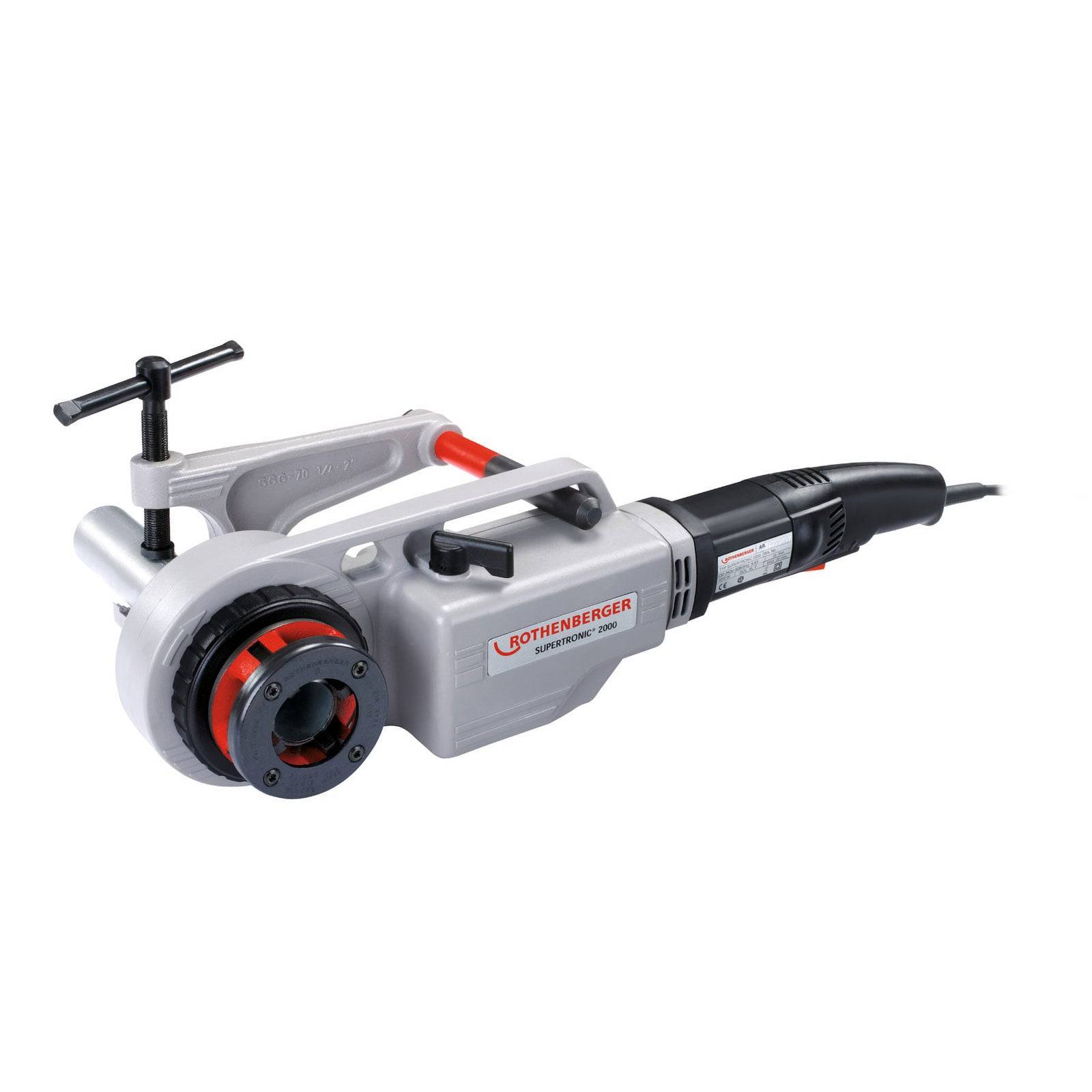 Eine tragbare elektrische Rohrgangmaschine mit metallischem Rahmen und schwarzem Griff, die zum effizienten Schneiden von Gewinden auf Rohren verwendet wird.