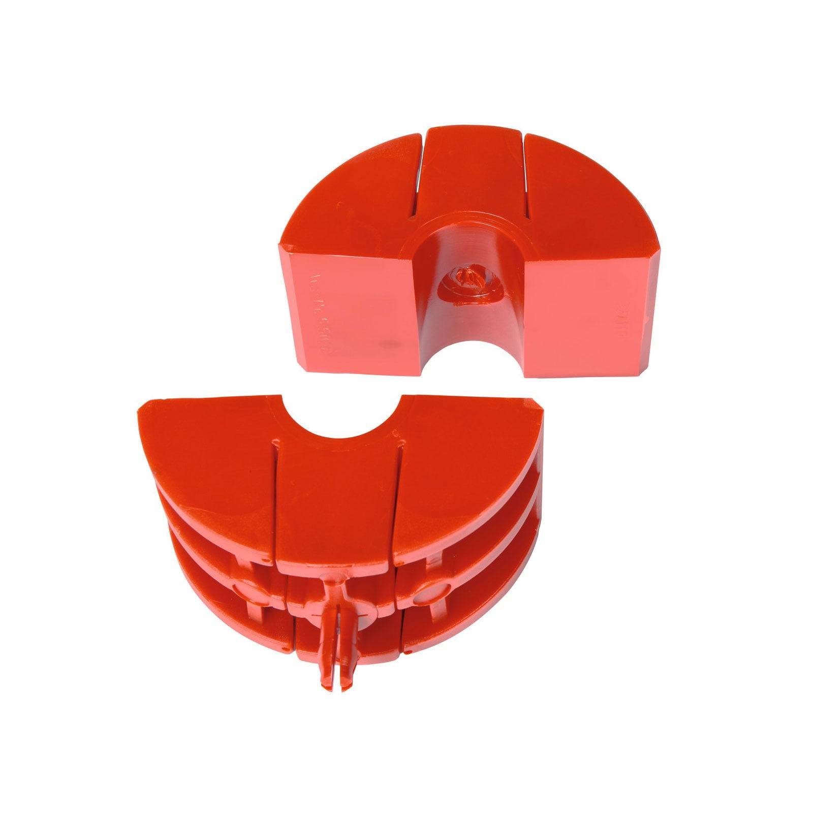 Rote Scharnierdeckel, entwickelt zum Verriegeln von Ventilen, mit kreisförmiger Gestalt und verschachtelten Kanten für eine sichere Verschließung.