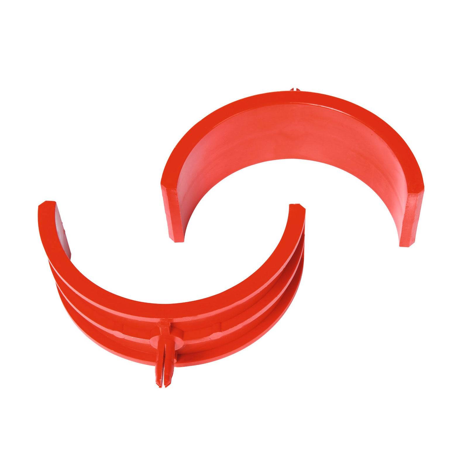 Zwei rote, halbkreisförmige Klammern, geöffnet, mit strukturierter Oberfläche, zum Befestigen von zylindrischen Objekten.