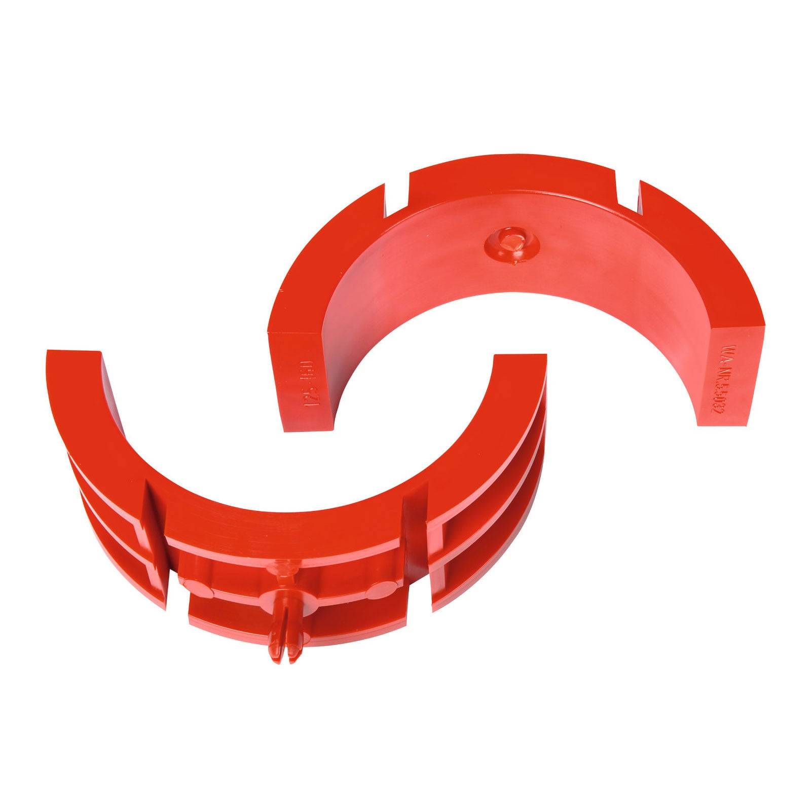 Roter geteilter Kunststoff-Rohrkragen zur Befestigung um Rohre, mit ineinandergreifenden Hälften für einfache Montage und Stabilität.