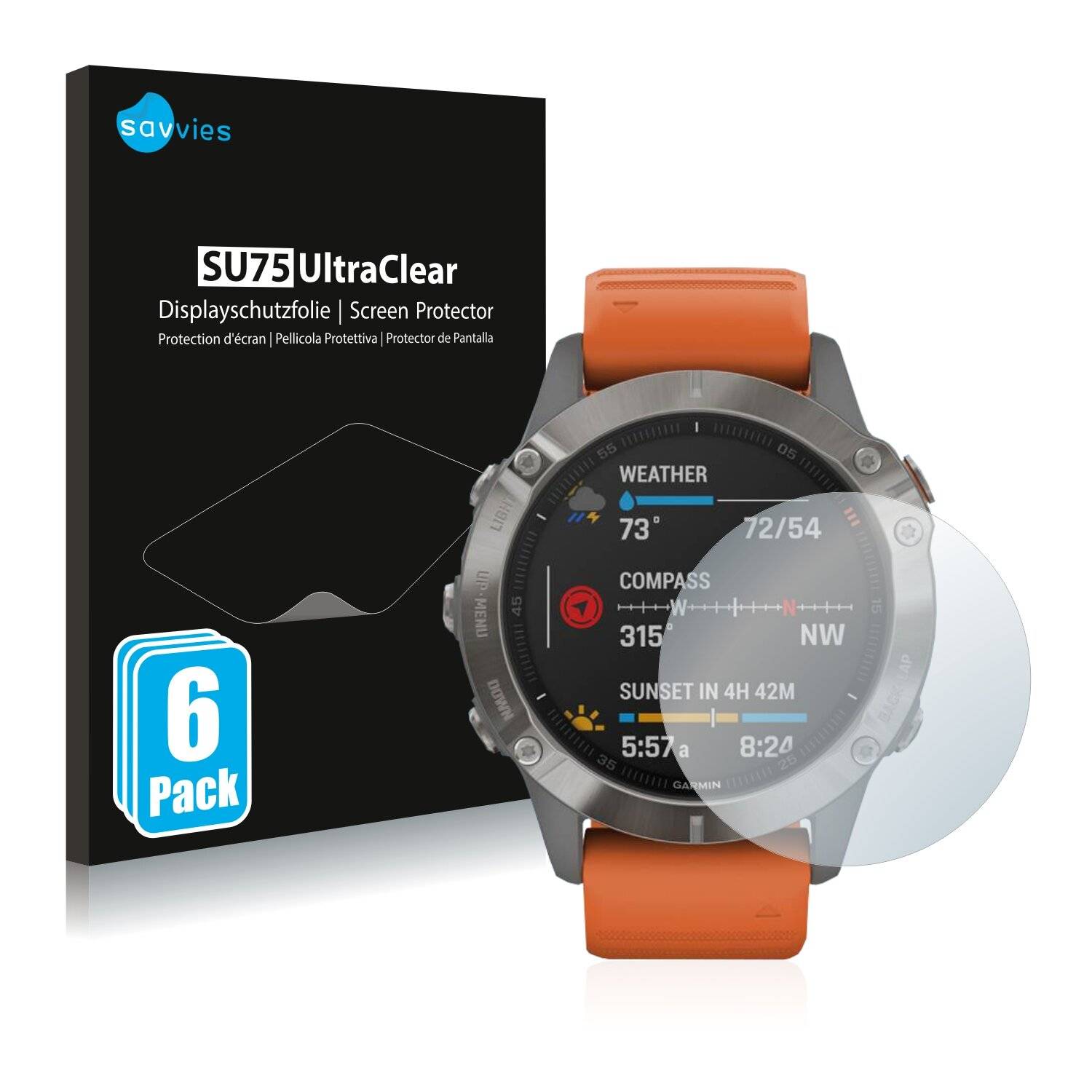 6x Savvies SU75 Displayschutzfolie für Garmin Fenix 6 Pro