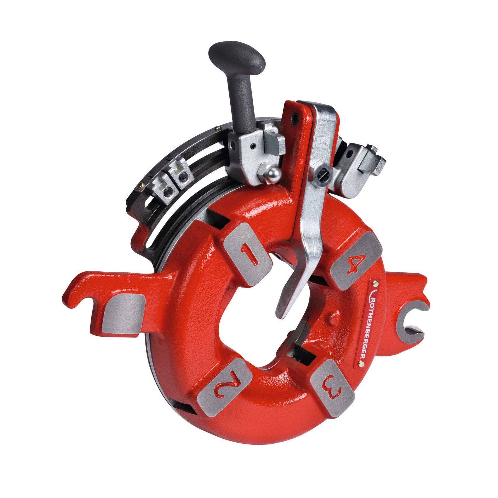 Eine rote und silberne Rohrschelle mit den Zahlen 1 bis 4, die ihre verstellbaren Mechanismen zum Befestigen von Rohren zeigt.