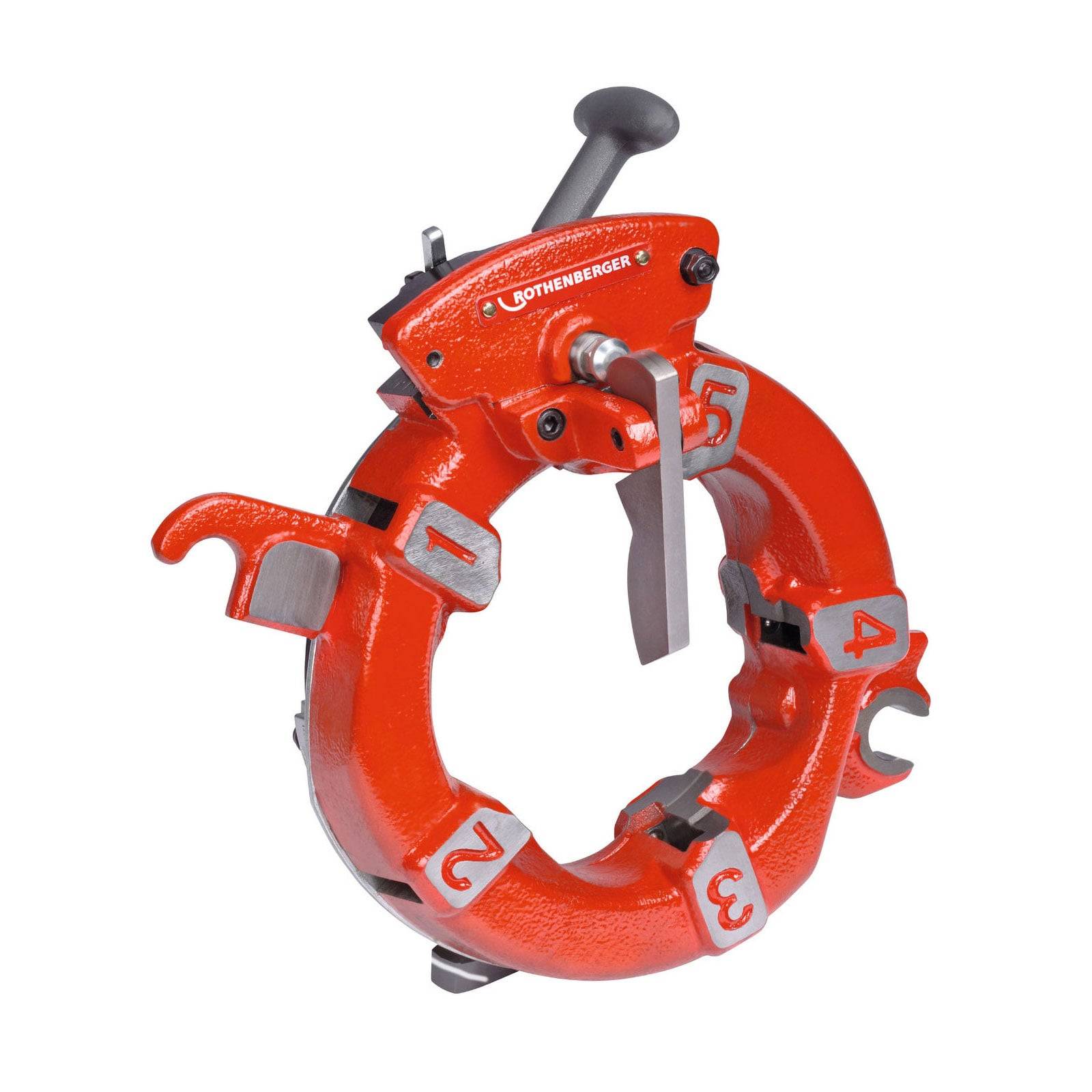 Rotes Rohrabschneidewerkzeug mit nummerierten Schneidköpfen, einem Griff und robusten Klammern, das zum Gewindeschneiden von Rohren in der Sanitär- oder Baubranche verwendet wird.