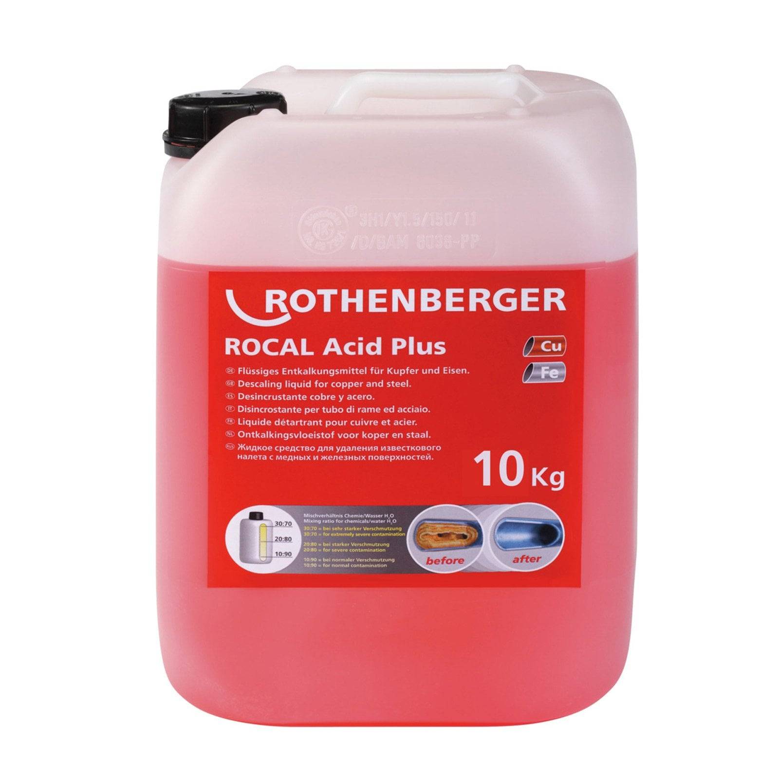Roter 10-kg-Behälter mit der Aufschrift 'ROTHENBERGER ROCAL Acid Plus' zum Entkalken von Rohrleitungen, zur Rostvorbeugung, mit Symbolen für Kupfer- und Eisenkompatibilität.