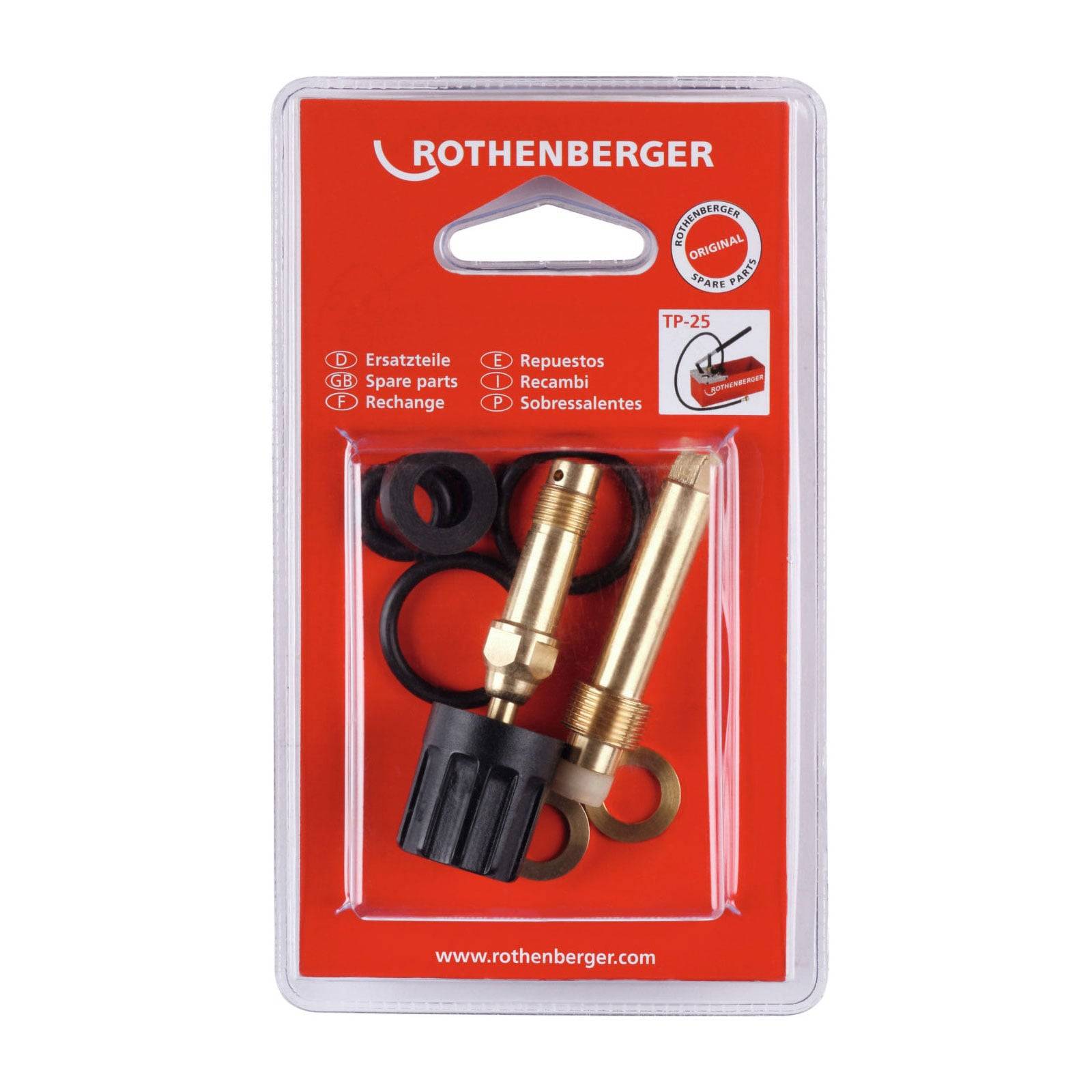 Paket mit der Aufschrift 'Rothenberger', das Ersatzteile enthält, einschließlich Messingfittings und Gummidichtungen, vorgesehen für Klempnerarbeiten.
