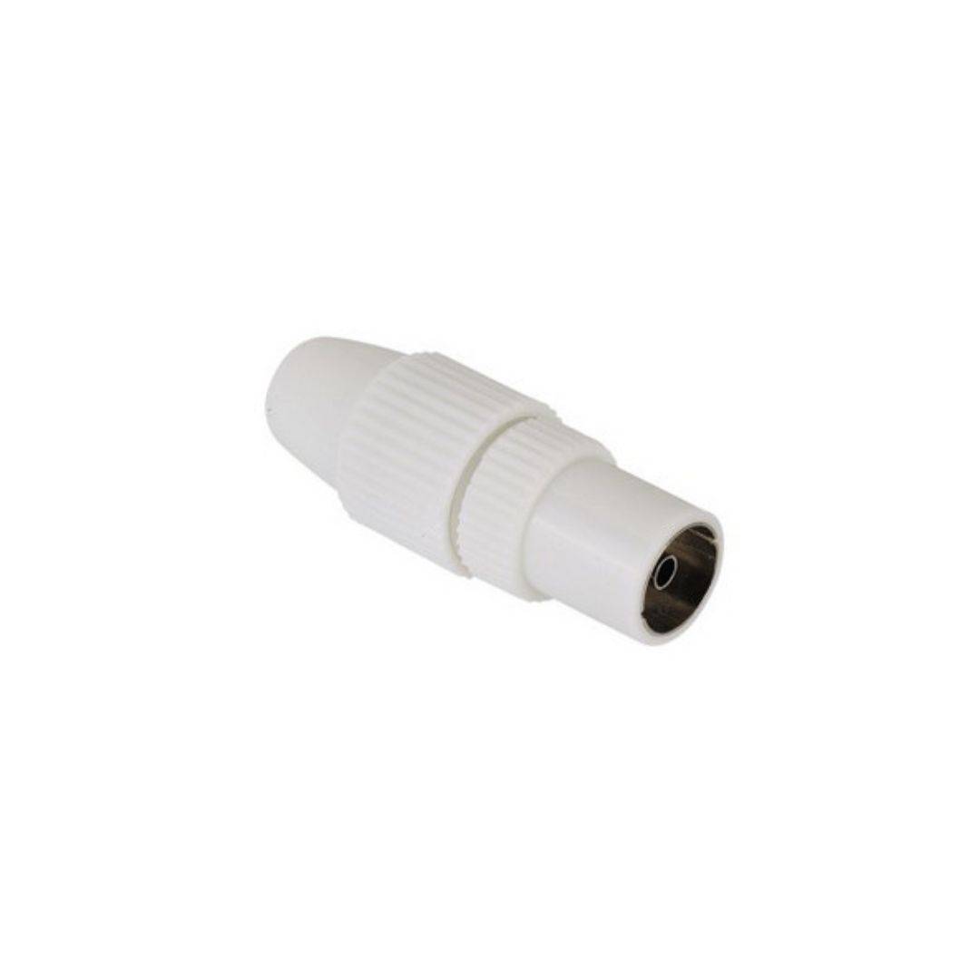 Weiße Kunststoff-Koaxial-Kabelstecker-Adapter auf weißem Hintergrund