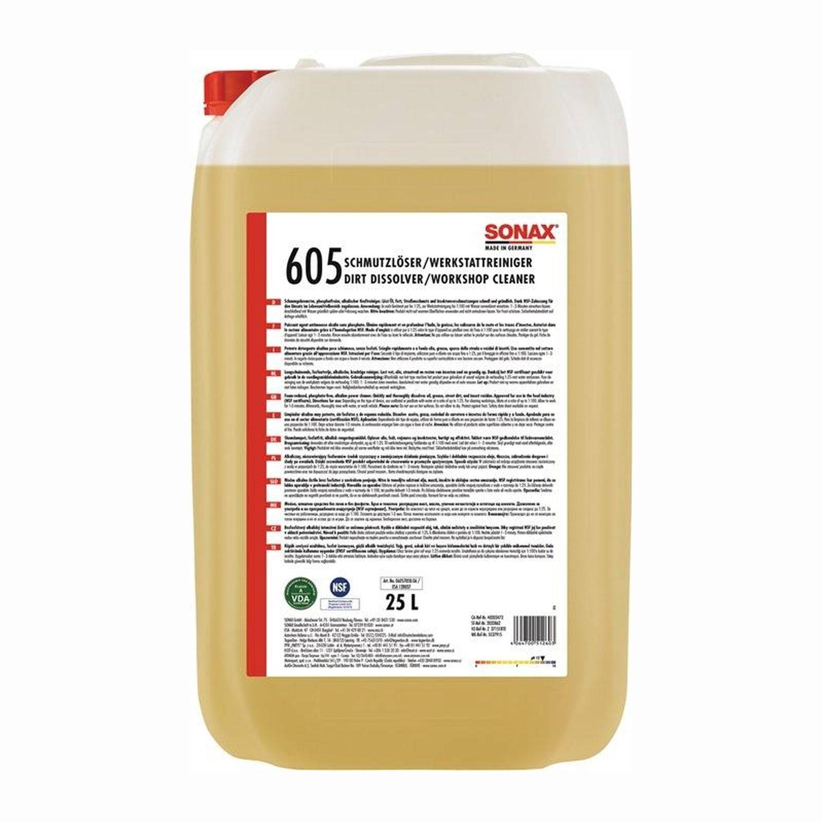Behälter von Sonax 605 Werkstattreiniger, 25L. Weißes Etikett mit roten und schwarzen Textinformationen zu Gebrauchsanweisungen und Sicherheitshinweisen.