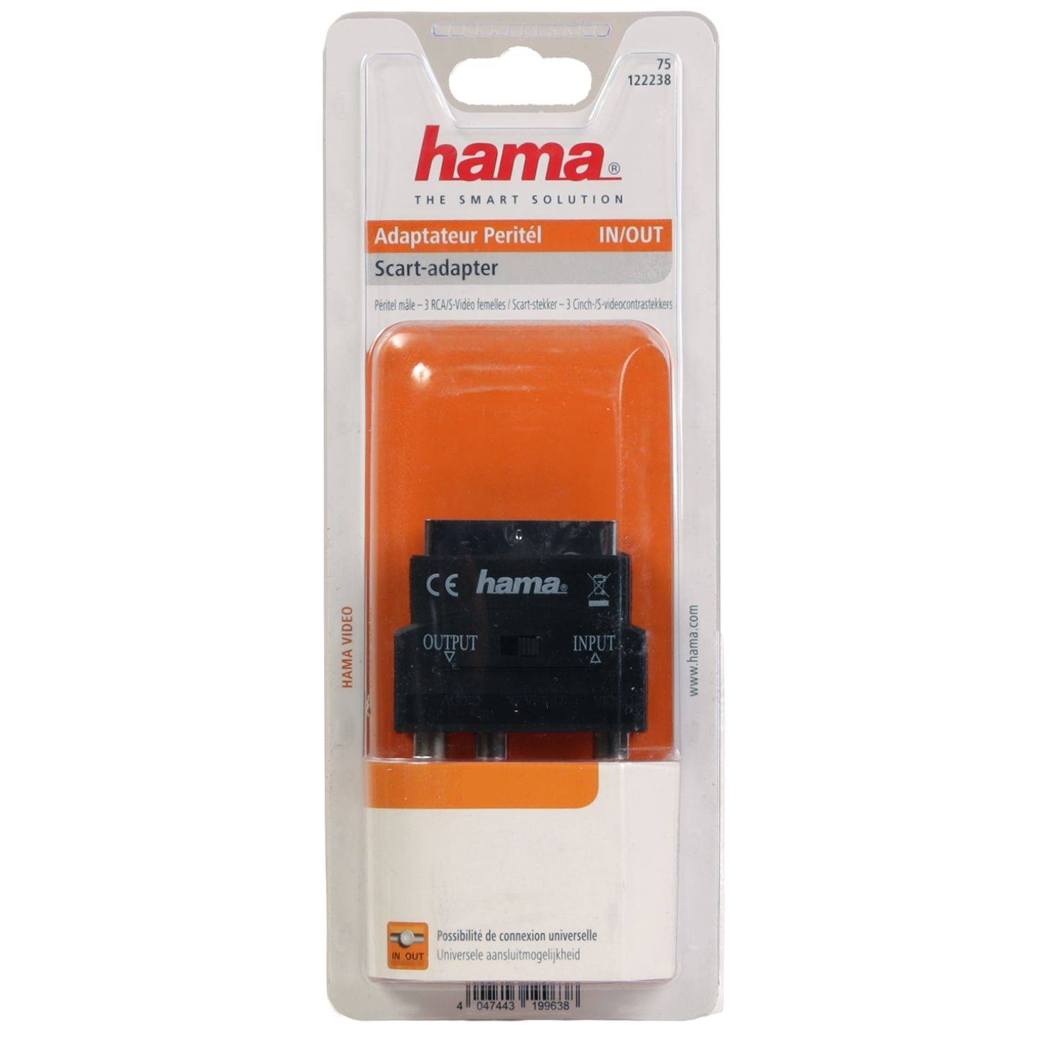 Hama-SCART-Adapter in Verpackung, beschriftet mit „Adaptateur Peritel IN/OUT