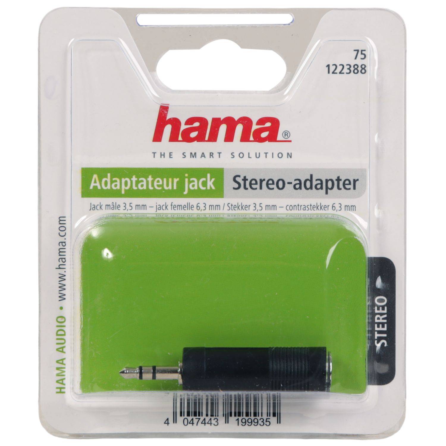 Ein Hama-Stereo-Klinkenstecker-Adapter in einer durchsichtigen Kunststoffverpackung auf einer Karte. Es ist ein Adapter von 3,5-mm-Klinkenstecker männlich auf weiblich, mit sichtbaren Produktdetails.