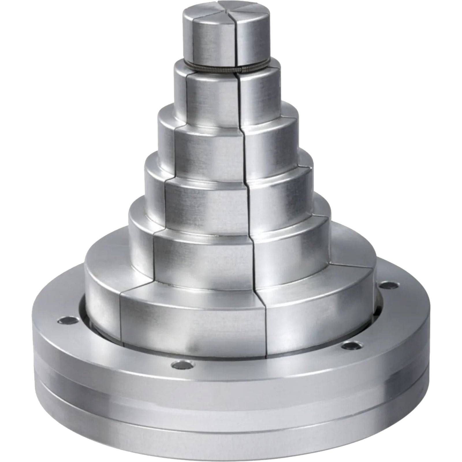 Ein Messblockstapel aus rostfreiem Stahl, zylindrisch mit konzentrischen kreisförmigen Schichten, verwendet für präzise Messungen und Kalibrierungen.