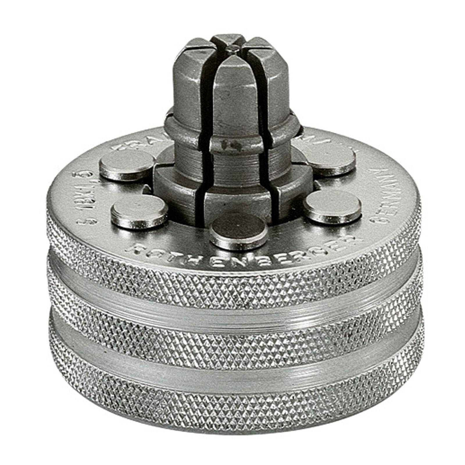 Ein Silbermetall-Gewindelstopfen mit gerillten Oberflächen und einem zentralen Verriegelungsmechanismus, der zum Abdichten und Sichern verwendet wird.