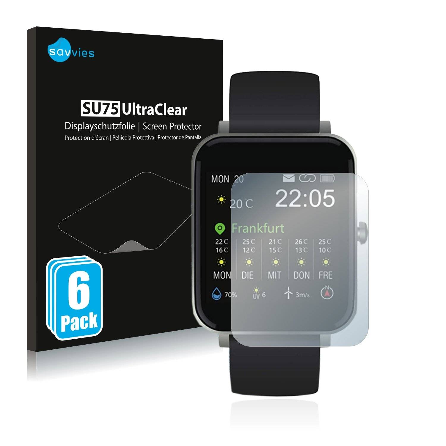 6x Savvies SU75 Displayschutzfolie für Souccess Smartwatch