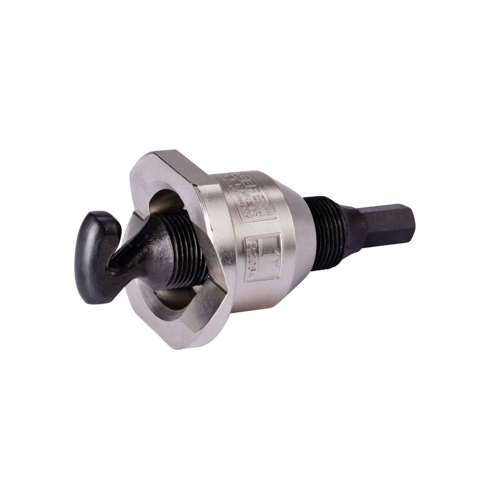 Metallstanze mit Gewindeeinsatz zum Stanzen von Löchern in Platten. Ausgestattet mit einem Bolzen, sechseckiger Form und Druckgriff.