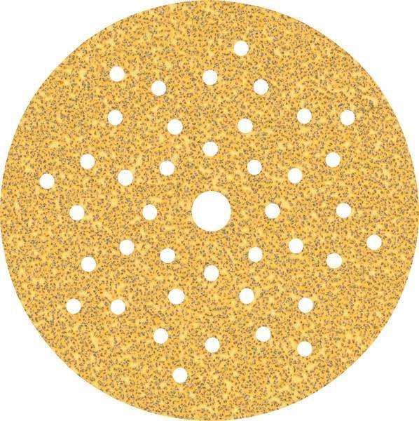 Eine runde, gelbe Schleifpapierscheibe mit mehreren kleinen Löchern, die zum Schleifen von Oberflächen verwendet wird, auf einem schlichten weißen Hintergrund.