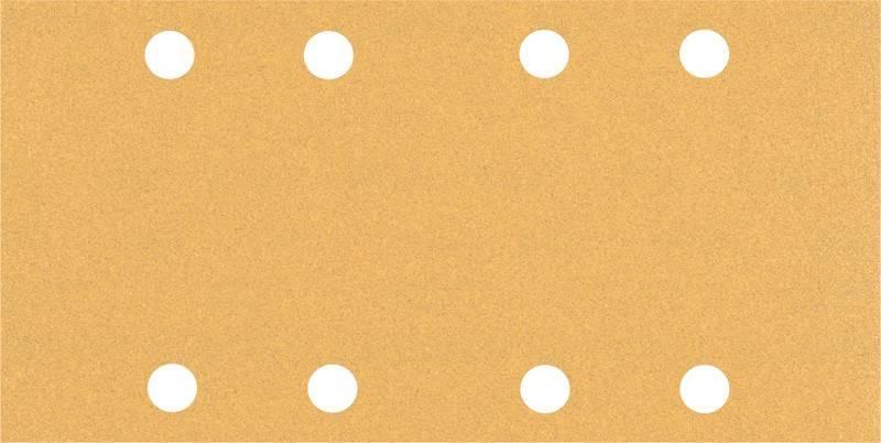 Ein quadratisches Stück beigefarbenes Lochblech mit vier gleichmäßig verteilten kreisrunden Löchern, eines in jeder Ecke. Keine Stifte oder Objekte angebracht.