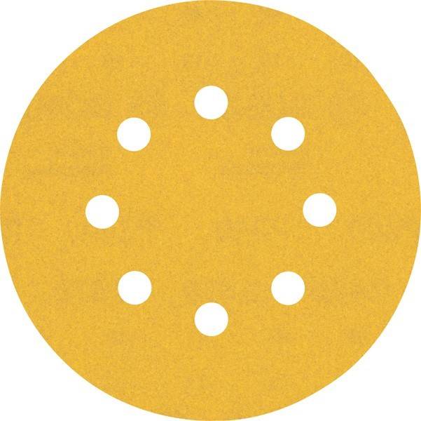 Eine runde, gelbe Schleifscheibe mit acht gleichmäßig verteilten Löchern, die für Elektro-Schleifwerkzeuge verwendet wird.