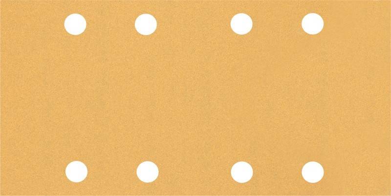 Ein perforiertes Blatt Schleifpapier mit vier gleichmäßig verteilten kreisrunden Löchern.