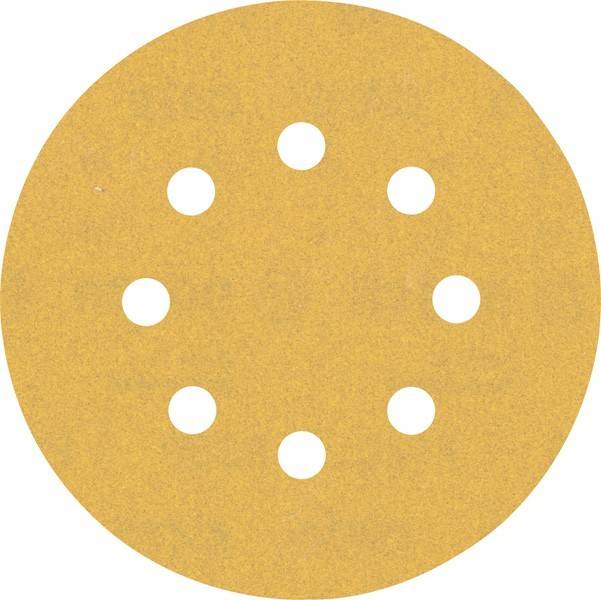 Eine runde, beige Schleifpapier-Scheibe mit mehreren gleichmäßig verteilten Löchern, die zum Glätten von Oberflächen bei Holzarbeiten oder anderen Handwerksarbeiten verwendet wird.