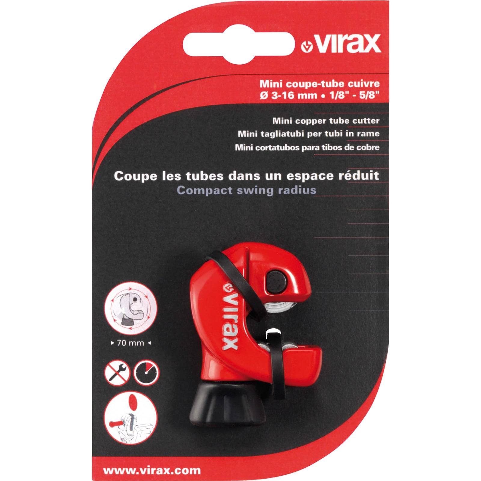 Roter Mini-Kupferrohrschneider auf Verpackung. Text lautet 'Mini Kupferrohrschneider' mit Abmessungen '3-16 mm / 1/8