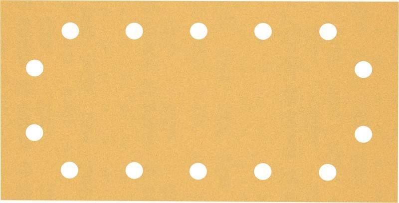 Ein beige Schleifpapier mit sechs gleichmäßig verteilten Löchern, das zum Glätten von Oberflächen verwendet wird.