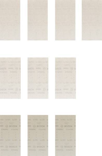 Bosch-Schleifpapierblätter, in vier Reihen angeordnet, wobei jedes Blatt die Körnung 'P150' zeigt.