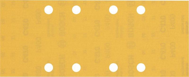 Ein quadratisches Blatt gelben Schleifpapiers mit vier gleichmäßig verteilten Löchern, das zum Schleifen von Oberflächen verwendet wird. Die Textur ist auf dem Papier sichtbar.