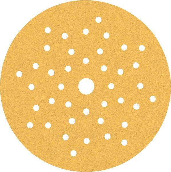 Runder Schleifpapierdisc mit mehreren Perforationen und einem zentralen Loch, der zum Schleifen von Oberflächen verwendet wird.