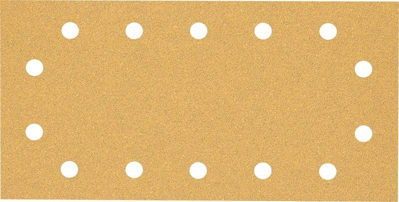 Ein rechteckiges Blatt braunes Schleifpapier mit sechs gleichmäßig angeordneten Löchern in zwei Reihen, verwendet zum Schleifen von Oberflächen.