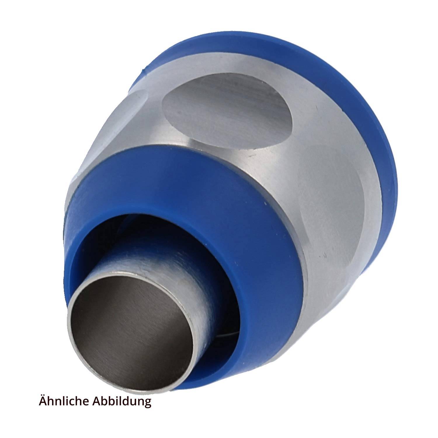 Ein blau und silber gefärbter Metallrohradapter mit zylindrischer Form und zwei Abschnitten, aus denen ein kleineres Rohr aus einer größeren Verschraubung hervorragt.