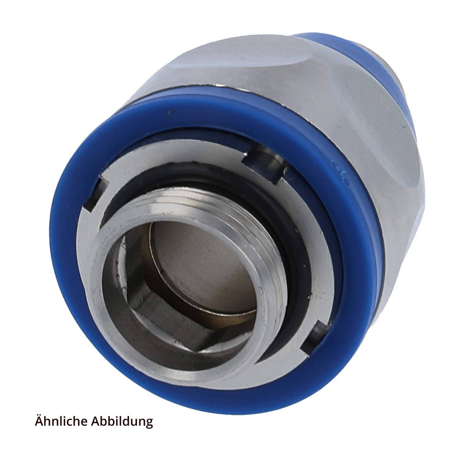Ähnliche Abbildung' Text unterhalb einer Nahaufnahme eines metallischen, zylindrischen Maschinenteils mit einer Gewindebohrung, umgeben von einem blauen Ring.