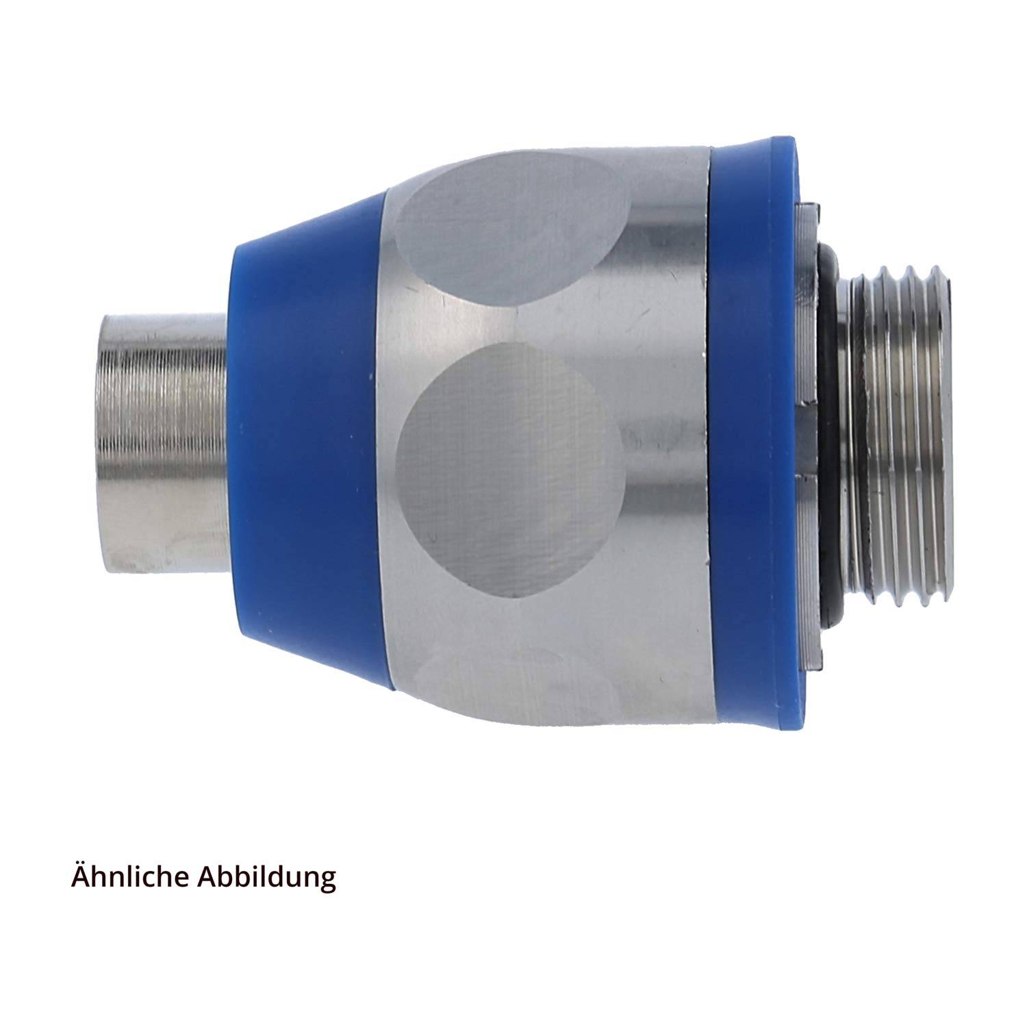 Eine metallische mechanische Komponente mit einem blauen Kunststoffbereich und gewindeltem Ende, wahrscheinlich für Industrie- oder mechanische Anwendungen verwendet.