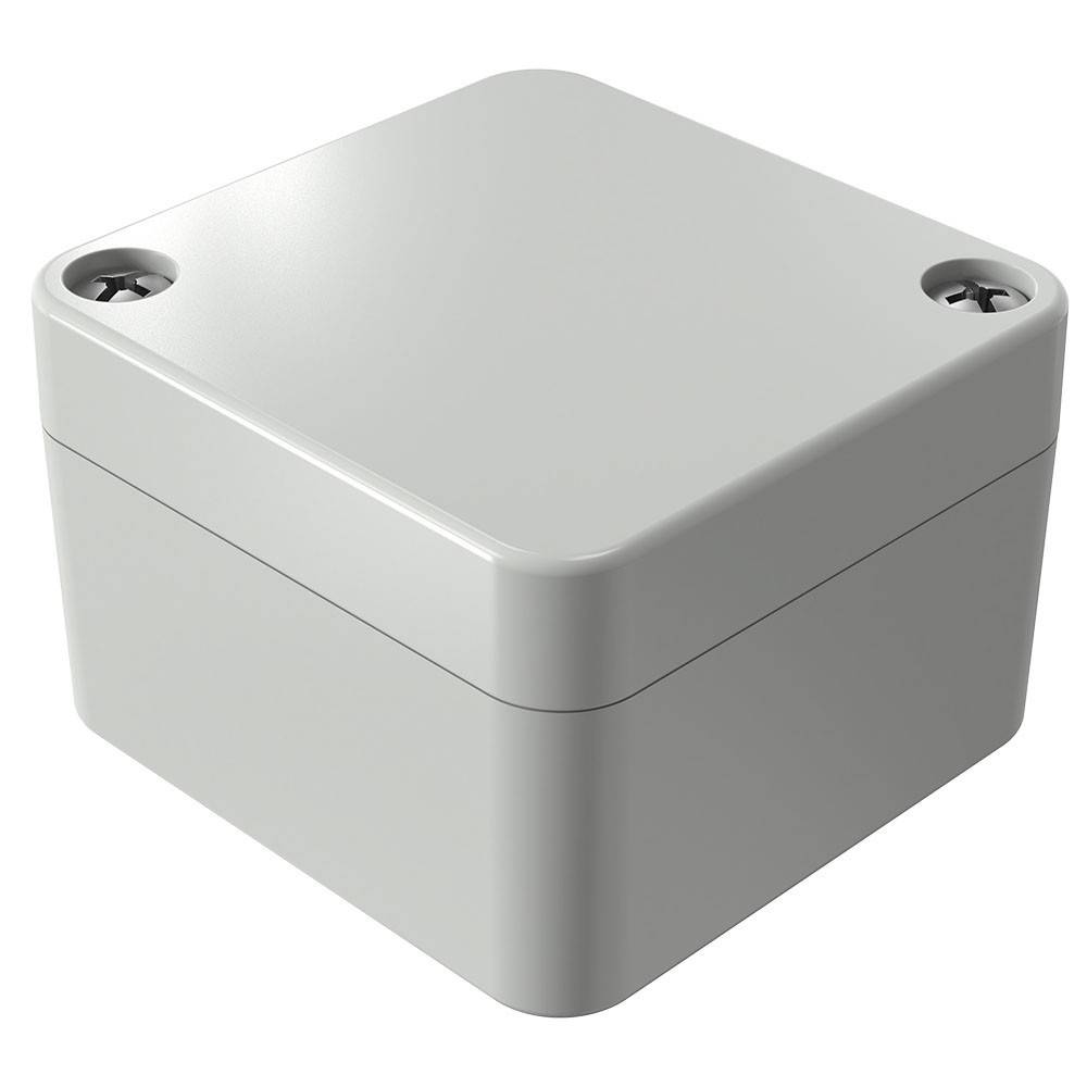 Eine graue, quadratische elektrische Verteilerdose mit vier Eckschrauben, die zum Unterbringen und Schutz von Leitungsverbindungen konzipiert ist.