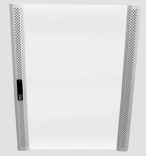 Weiß perforierter Metall-Wandrahmen oder -Gehäuse mit zwei vertikalen Seitenpanelen und einem kleinen schwarzen Riegel auf der linken Seite.