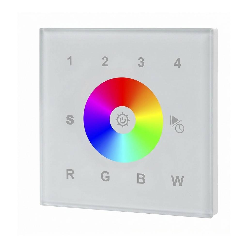 Glastafel-Touchcontroller mit Farbrad für RGBW-Beleuchtung, nummerierte Voreinstellungen 1 bis 4 und S- und R-Modusschaltflächen.