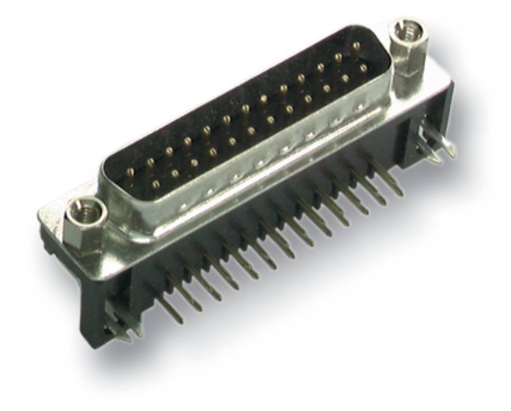 Ein Metallverbinder mit mehreren Pins, die in zwei Reihen angeordnet sind, für elektronische Geräte entwickelt, der seine Vorder- und Rückseite zeigt.