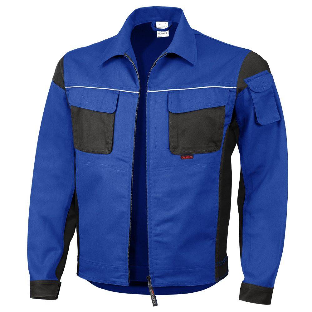Eine blaue und schwarze Arbeitsjacke mit Vordertaschen und Reißverschluss vorne, designed für Langlebigkeit und Funktionalität.