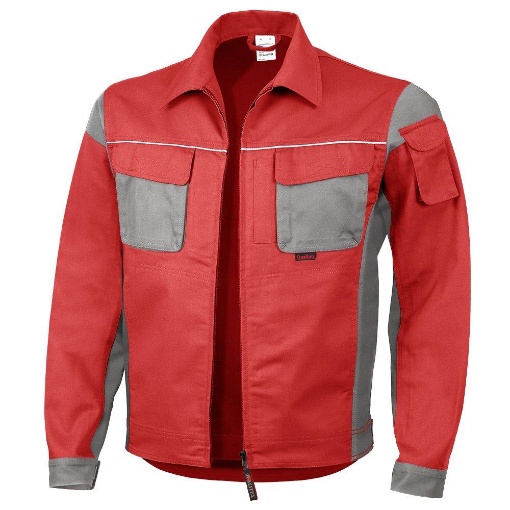 Eine rote und graue Arbeitsjacke mit vorderen Klappentaschen und einer Schulteraufnäher, designed für Strapazierfähigkeit und Funktionalität.