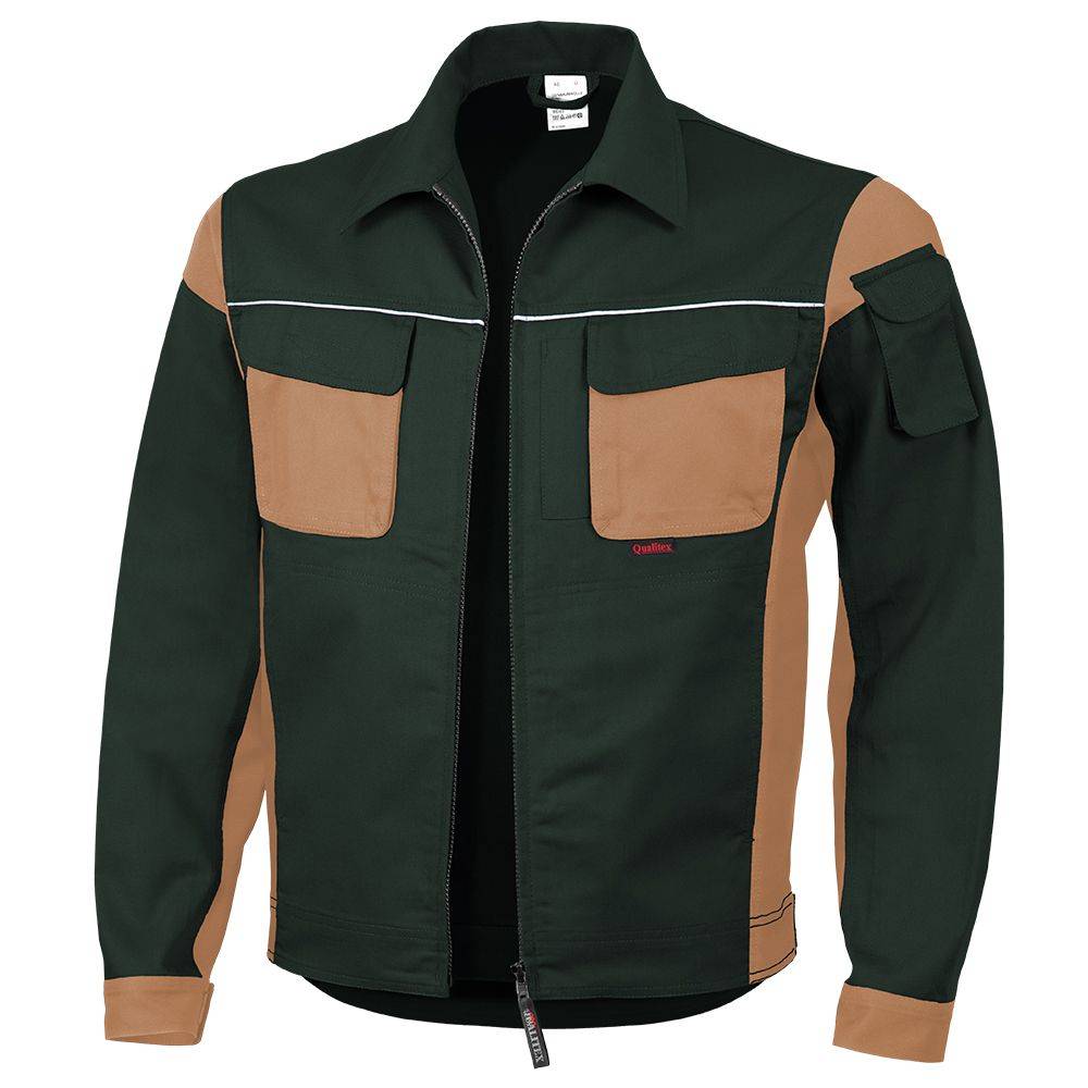 Grüne und beige Arbeitsjacke mit Vordertaschen, Reißverschluss-Verschluss und einer Utility-Tasche am Ärmel.
