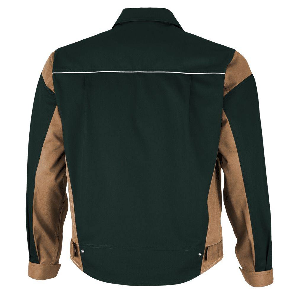 Eine dunkelgrüne Jacke mit braunen Ärmeln, von hinten gesehen, mit geknöpften Manschetten und einem Kragen.