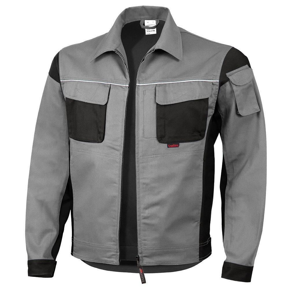 Eine graue und schwarze Funktionsjacke mit Vordertaschen und Reißverschluss, konzipiert für praktische Verwendung.