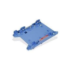 Ein blauer Festplattenschacht mit Befestigungsbügeln, der zum Sichern einer Festplatte in einem Computer- oder Servergehäuse verwendet wird.