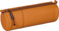 Orange zylindrisches Leder-Federmäppchen mit Reißverschluss und kleinem schwarzem Etikett
